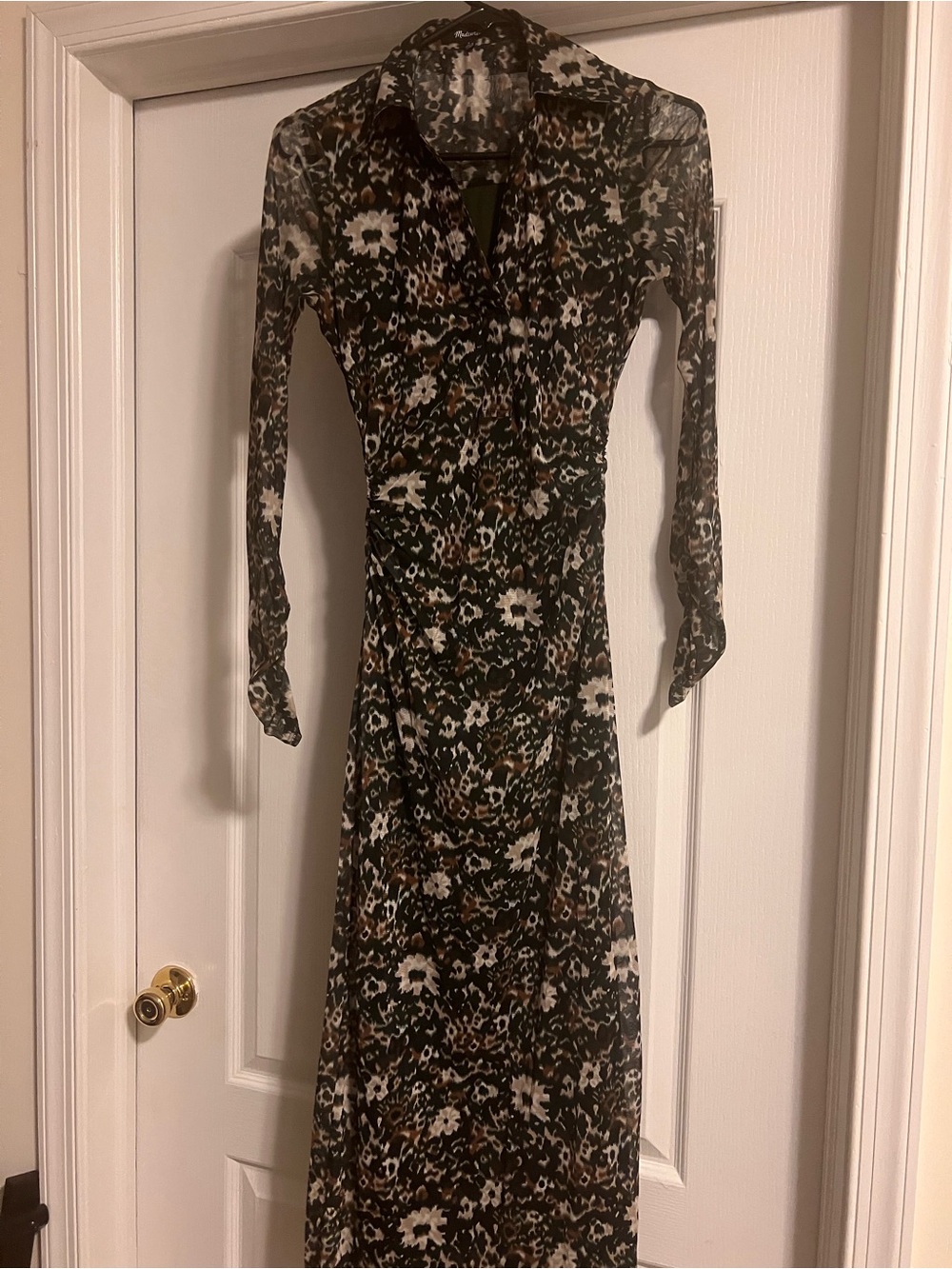 Madewell Long Sleeve Floral-Animal Print Maxi Dress in Black and Brown